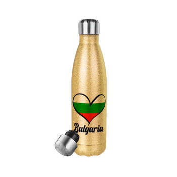 Bulgaria flag, Μεταλλικό παγούρι θερμός Glitter χρυσό (Stainless steel), διπλού τοιχώματος, 500ml