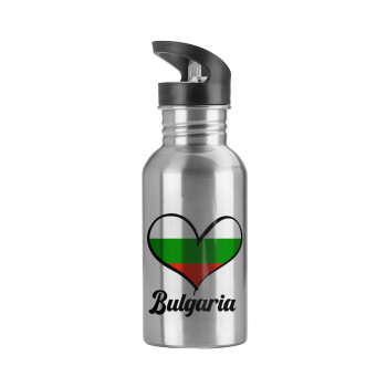 Bulgaria flag, Water bottle Silver with straw, stainless steel 600ml