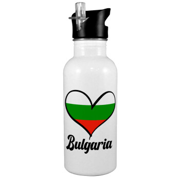 Bulgaria flag, White water bottle with straw, stainless steel 600ml