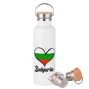 Bulgaria flag, Μεταλλικό παγούρι θερμός (Stainless steel) Λευκό με ξύλινο καπακι (bamboo), διπλού τοιχώματος, 750ml
