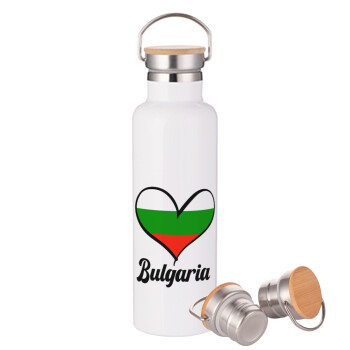 Bulgaria flag, Μεταλλικό παγούρι θερμός (Stainless steel) Λευκό με ξύλινο καπάκι (bamboo), διπλού τοιχώματος, 750ml