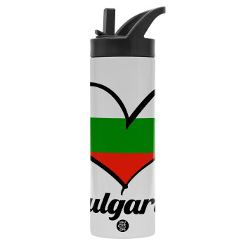 Bulgaria flag, Metallic thermos bottle with straw & handle, stainless steel (Stainless steel 304), double-walled, 600ml.