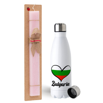 Bulgaria flag, Easter Set, metallic stainless steel water bottle (750ml) & scented flat Easter candle (30cm) (PINK)
