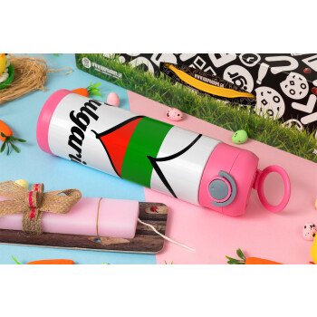 Bulgaria flag, Πασχαλινή Λαμπάδα με Παιδικό παγούρι θερμό, ανοξείδωτο, με καλαμάκι ασφαλείας, ΡΟΖ (500ml)