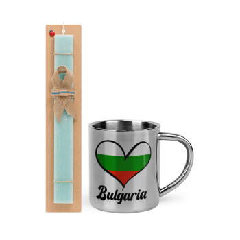 Bulgaria flag, Easter Set, metallic thermal cup (300ml) & aromatic flat Easter candle (30cm) (TURQUOISE)