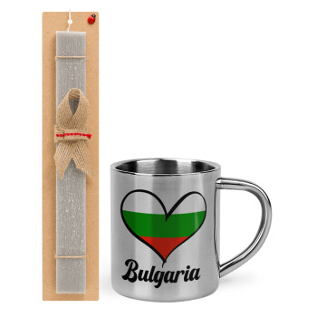 Bulgaria flag, Easter Set, metallic thermal cup (300ml) & Easter aromatic flat candle (30cm) (GRAY)