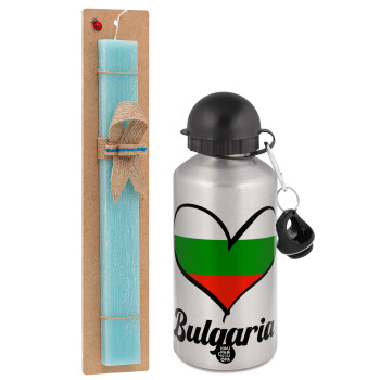 Bulgaria flag, Easter Set, metallic silver aluminum water bottle (500ml) & scented flat Easter candle (30cm) (TURQUOISE)