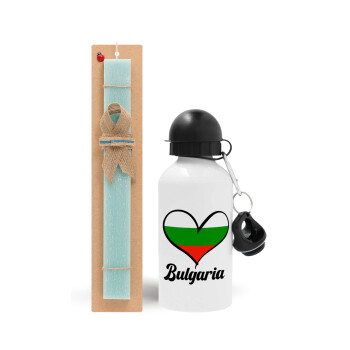 Bulgaria flag, Easter Set, metallic aluminum water bottle (500ml) & scented flat candle (30cm) (TURQUOISE)