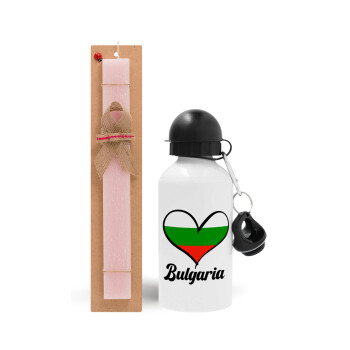 Bulgaria flag, Easter Set, metallic aluminum bottle (500ml) & aromatic flat Easter candle (30cm) (PINK)