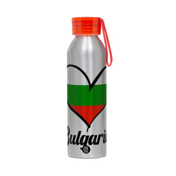 Bulgaria flag, Αλουμινένιο Αθλητικό Μπουκάλι 650ml – Ασημί με Κόκκινο Καπάκι και Λουράκι Σιλικόνης