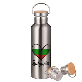 Bulgaria flag, Stainless steel Silver with wooden lid (bamboo), double wall, 750ml