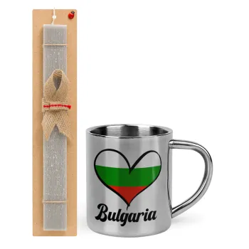 Bulgaria flag, Πασχαλινή Λαμπάδα με μεταλλική κούπα θερμό (300ml) & κερί αρωματικό πλακέ (30cm) (ΓΚΡΙ)