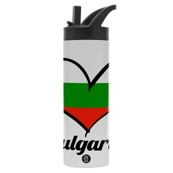 Bulgaria flag, Metallic thermos bottle with straw & handle, stainless steel (Stainless steel 304), double-walled, 600ml.