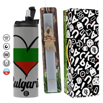 Bulgaria flag, Πασχαλινή Λαμπάδα με Travel Tumbler θερμό (600ml, BPA free) & κερί αρωματικό πλακέ (30cm) (ΓΚΡΙ)