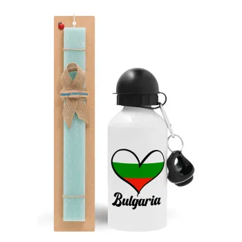 Bulgaria flag, Easter Set, metallic aluminum water bottle (500ml) & scented flat candle (30cm) (TURQUOISE)