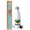 Easter Set, metallic stainless steel water bottle (750ml) & aromatic flat Easter candle (30cm) (TURQUOISE)