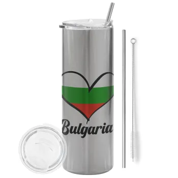 Bulgaria flag, Tumbler ποτήρι θερμό Ασημένιο από ανοξείδωτο ατσάλι 600ml, με μεταλλικό καλαμάκι & βούρτσα καθαρισμού