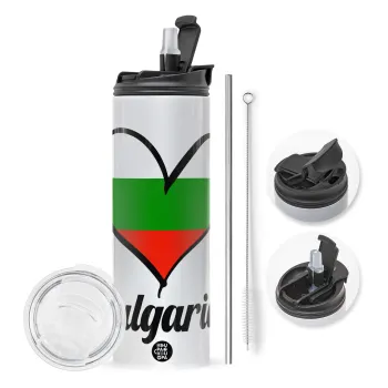 Bulgaria flag, Travel Tumbler θερμό με διπλό καπάκι, μεταλλικό καλαμάκι και βούρτσα καθαρισμού (Ανωξείδωτο 304 Food grade, BPA free, 600ml)