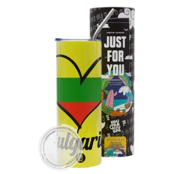 Bulgaria flag, Neon Yellow Travel Tumbler θερμό, μεταλλικό καλαμάκι(Ανωξείδωτο 304 Food grade, BPA free, 600ml)