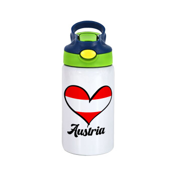 Austria flag, Children's hot water bottle, stainless steel, with safety straw, green, blue (350ml)