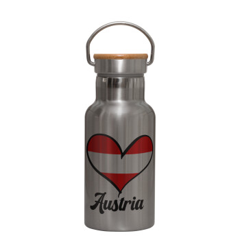 Austria flag, Stainless steel metallic thermos flask, silver with a bamboo lid, double-walled, 350ml.