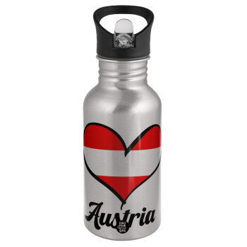 Austria flag, Water bottle Silver with straw, stainless steel 500ml