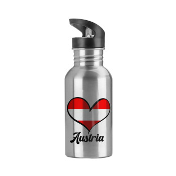 Austria flag, Water bottle Silver with straw, stainless steel 600ml