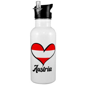 Austria flag, White water bottle with straw, stainless steel 600ml
