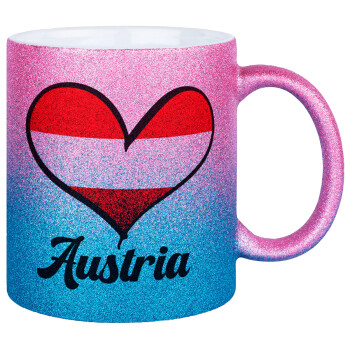 Austria flag, Κούπα Χρυσή/Μπλε Glitter, κεραμική, 330ml