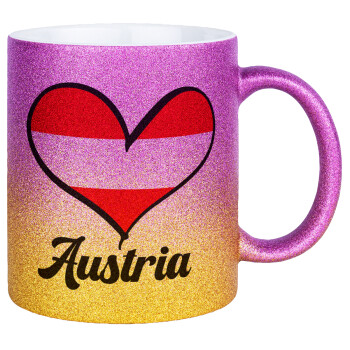 Austria flag, Κούπα Χρυσή/Ροζ Glitter, κεραμική, 330ml
