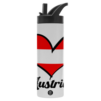 Austria flag, Metallic thermos bottle with straw & handle, stainless steel (Stainless steel 304), double-walled, 600ml.