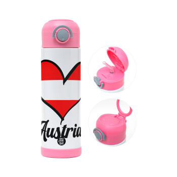 Austria flag, Children's hot water bottle, stainless steel, with safety straw, PINK (500ml)