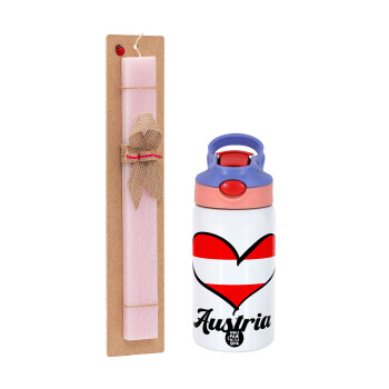 Austria flag, Easter Set, Children's thermal stainless steel water bottle with safety straw, pink/purple (350ml) & Easter scented flat candle (30cm) (PINK)