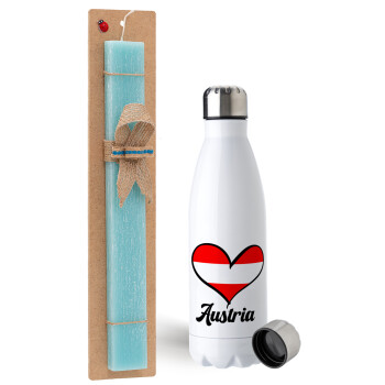 Austria flag, Easter Set, metallic stainless steel water bottle (750ml) & aromatic flat Easter candle (30cm) (TURQUOISE)