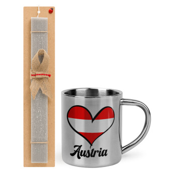 Austria flag, Easter Set, metallic thermal cup (300ml) & Easter aromatic flat candle (30cm) (GRAY)
