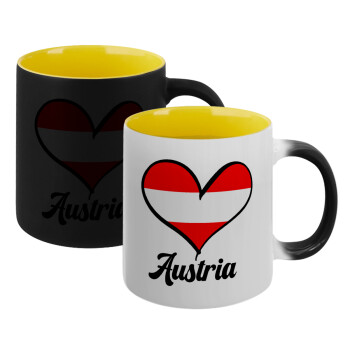 Austria flag, Κούπα Μαγική εσωτερικό κίτρινη, κεραμική 330ml που αλλάζει χρώμα με το ζεστό ρόφημα (1 τεμάχιο)
