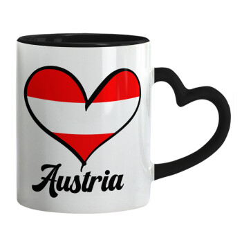 Austria flag, Κούπα καρδιά χερούλι μαύρη, κεραμική, 330ml