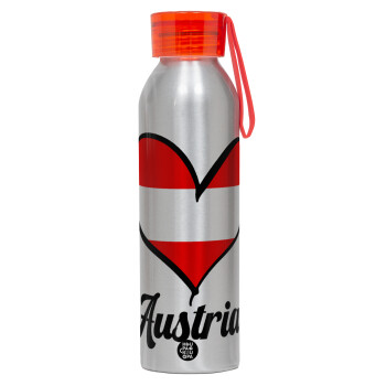 Austria flag, Aluminum Sports Bottle 650ml – Silver with Red Cap and Silicone Strap