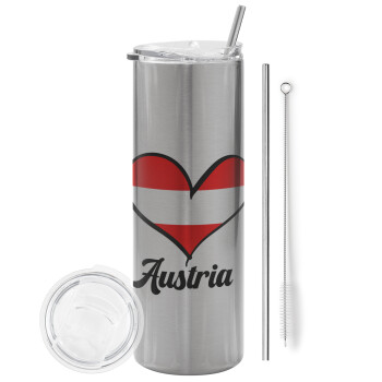 Austria flag, Eco friendly stainless steel Silver tumbler 600ml, with metal straw & cleaning brush