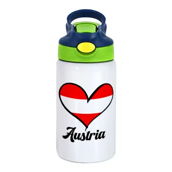 Austria flag, Children's hot water bottle, stainless steel, with safety straw, green, blue (350ml)