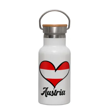 Austria flag, Metallic thermos (Stainless steel) White with wooden lid (bamboo), double-walled, 350ml