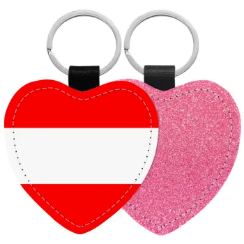Austria flag, Μπρελόκ PU δερμάτινο glitter καρδιά ΡΟΖ
