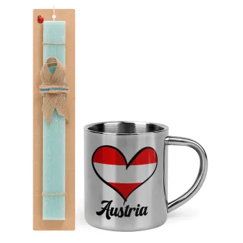 Austria flag, Easter Set, metallic thermal cup (300ml) & aromatic flat Easter candle (30cm) (TURQUOISE)