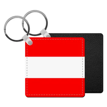 Austria flag, Μπρελόκ Δερματίνη, τετράγωνο ΜΑΥΡΟ (5x5cm)