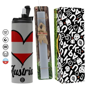 Austria flag, Πασχαλινή Λαμπάδα με Travel Tumbler θερμό (600ml, BPA free) & κερί αρωματικό πλακέ (30cm) (ΓΚΡΙ)