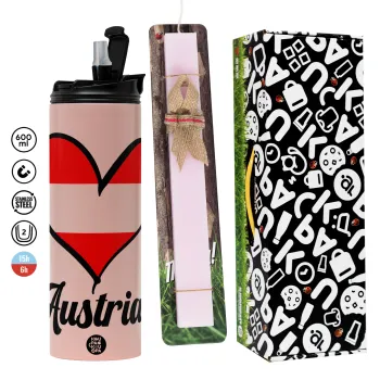 Austria flag, Πασχαλινή Λαμπάδα με  ΡΟΖ Travel Tumbler θερμό (600ml, BPA free) & κερί αρωματικό πλακέ (30cm) (ΡΟΖ)