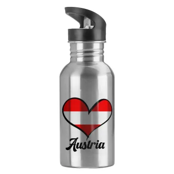 Austria flag, Water bottle Silver with straw, stainless steel 600ml