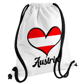 Austria flag, Backpack pouch GYMBAG white, with pocket (40x48cm) & thick cords