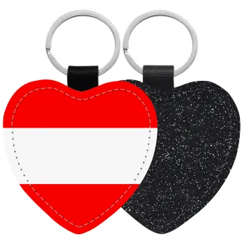Austria flag, Μπρελόκ PU δερμάτινο glitter καρδιά ΜΑΥΡΟ