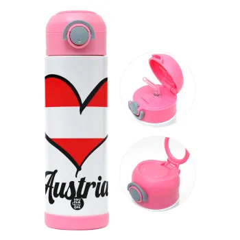 Austria flag, Παιδικό παγούρι θερμό, ανοξείδωτο, με καλαμάκι ασφαλείας, ΡΟΖ (500ml)